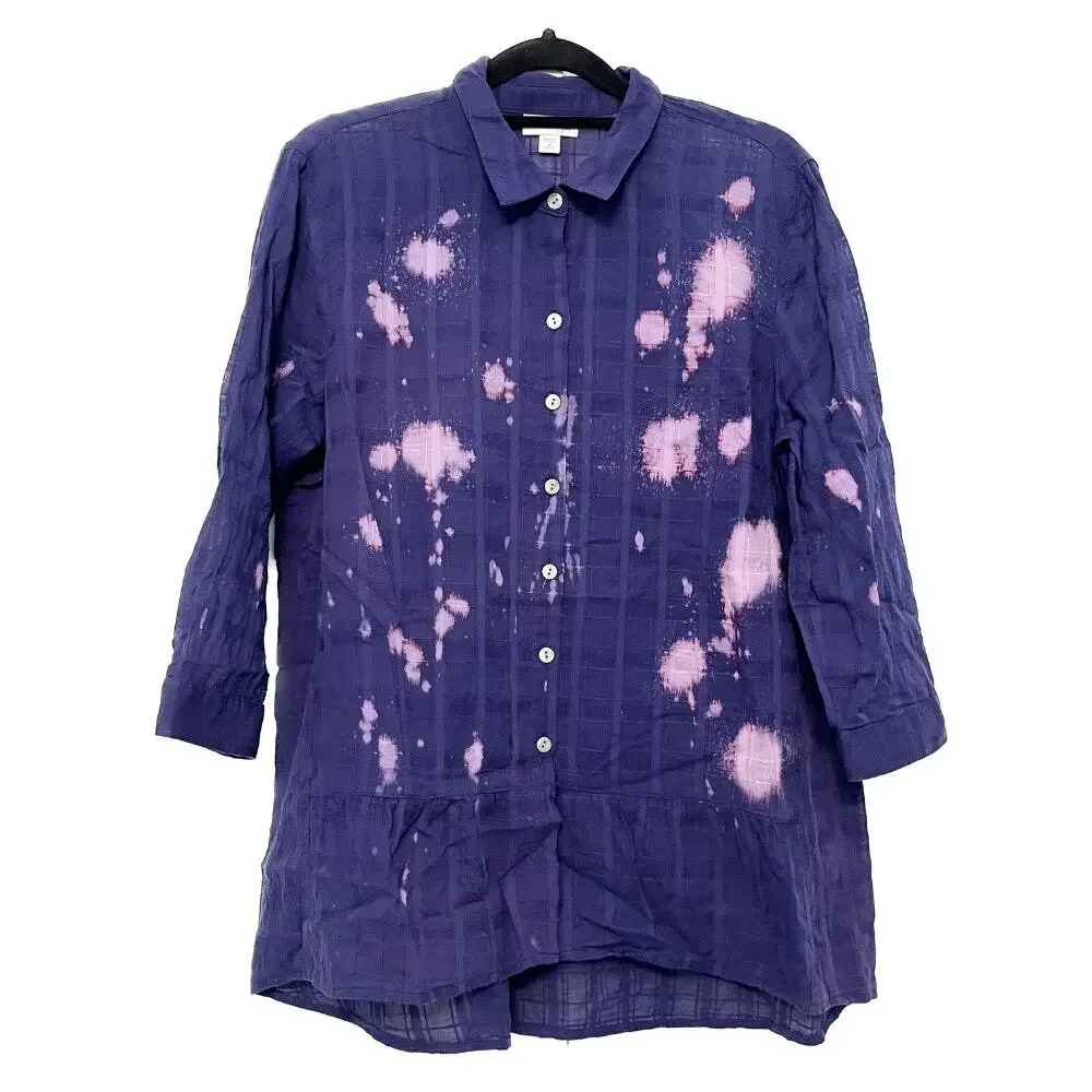 JJill Tunic Blouse Button Up Shirt Purple Blue Size Medium Petite Bleach Tie Dye